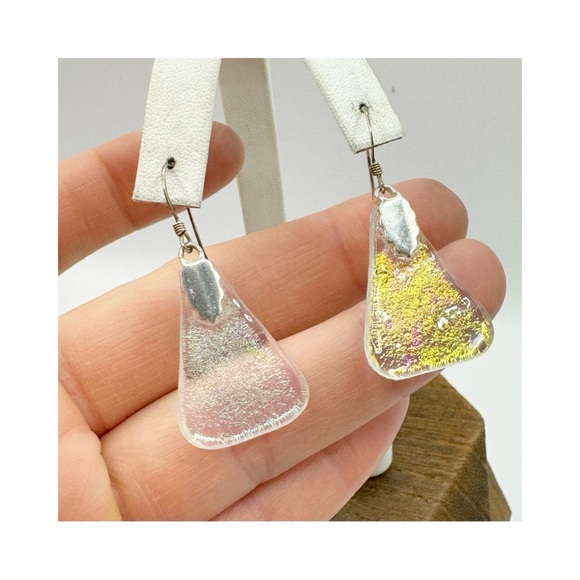Iridescent recycled glass triangular sterling silver dangle earrings whimsical - Picture 7 of 11